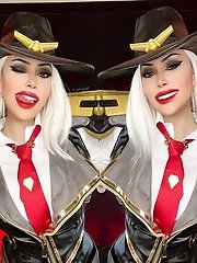 Felicia Vox's cosplay of Ashe from the popular video game Overwatch.